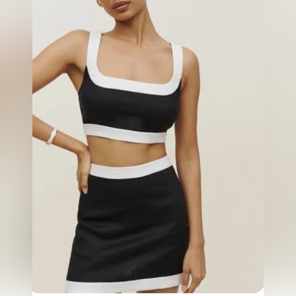 Reformation Black and White Robbie Linen 2 Piece Set, Top & Skirt Size 4